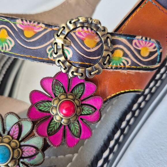 L'Artiste Spring Step Laga Leather Floral Ornament Platform Sandal Open Toe - Picture 6 of 15